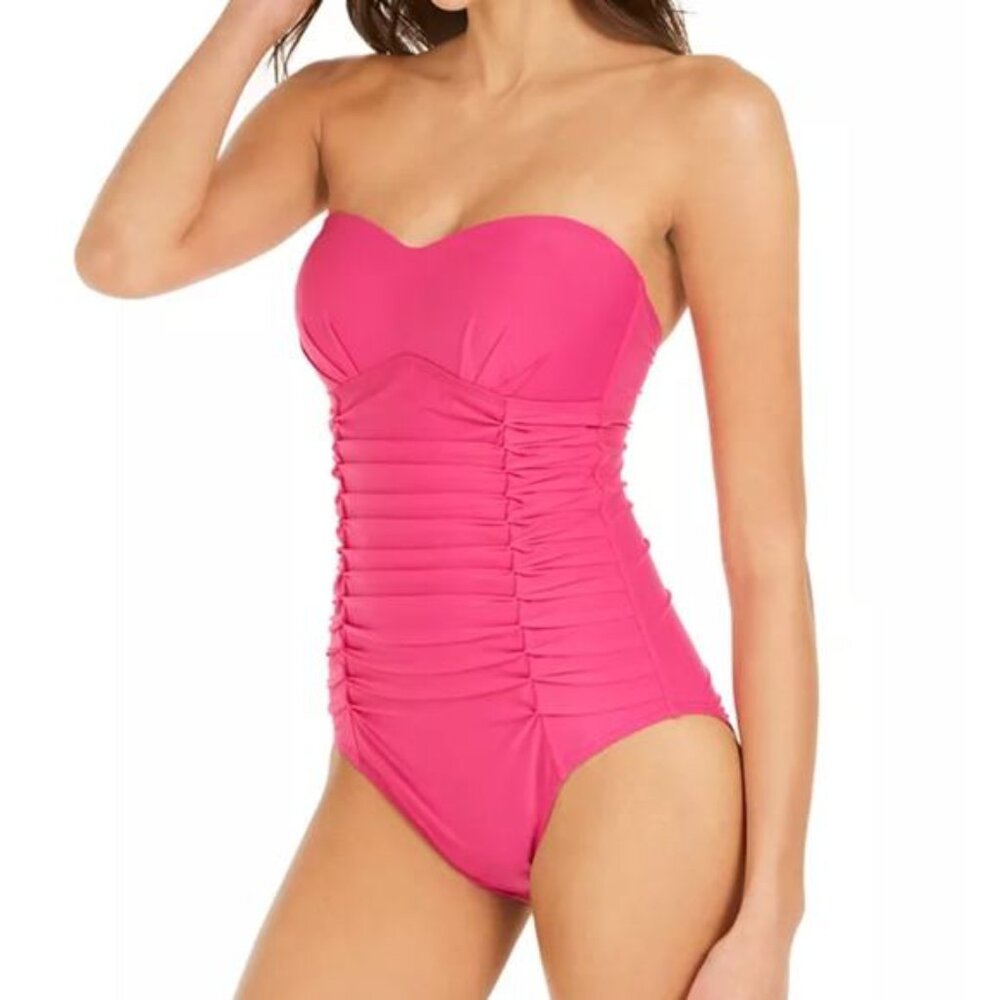 DKNY Women's Orchid Solid Pink Ruched One Piece Swimsuit 12 New NWT